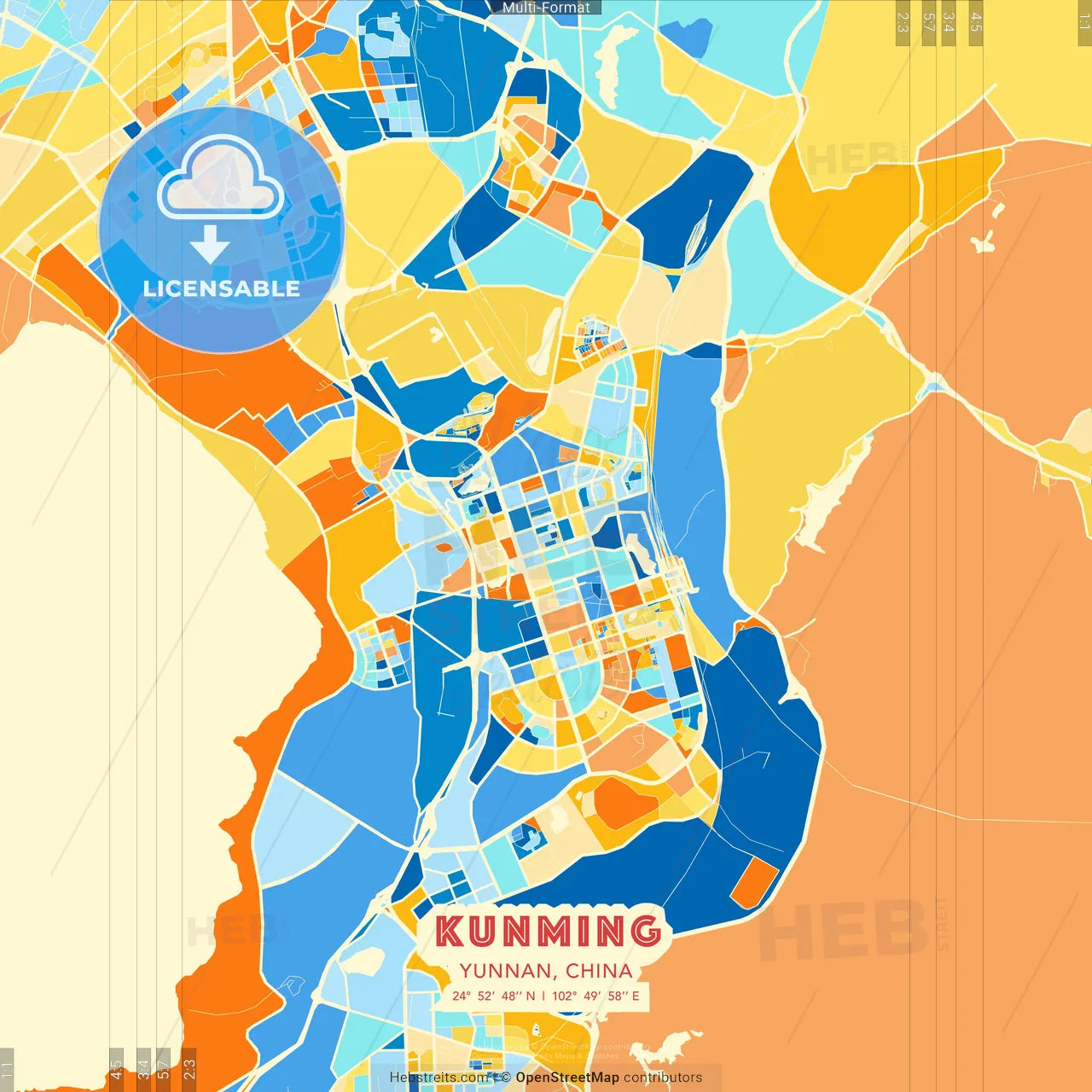 Kunming, Yunnan, China blue and orange vector art map template