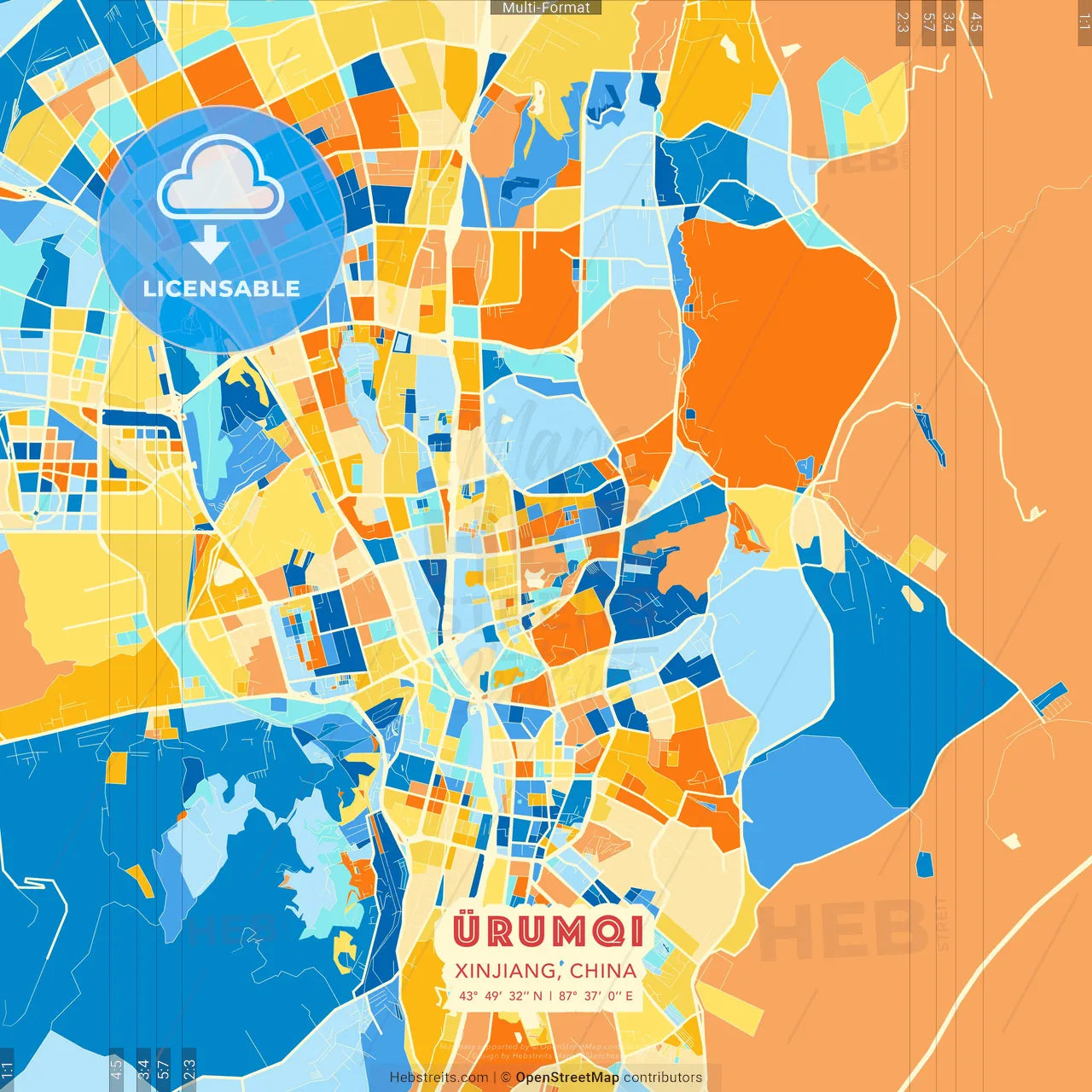 Ürumqi, Xinjiang, China blue and orange vector art map template