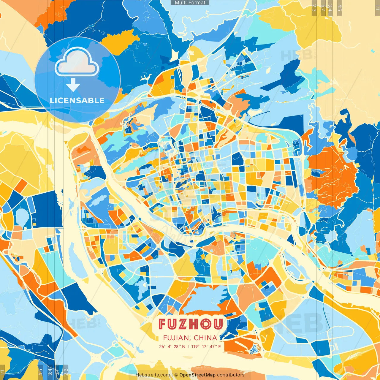 Fuzhou, Fujian, China blue and orange vector art map template