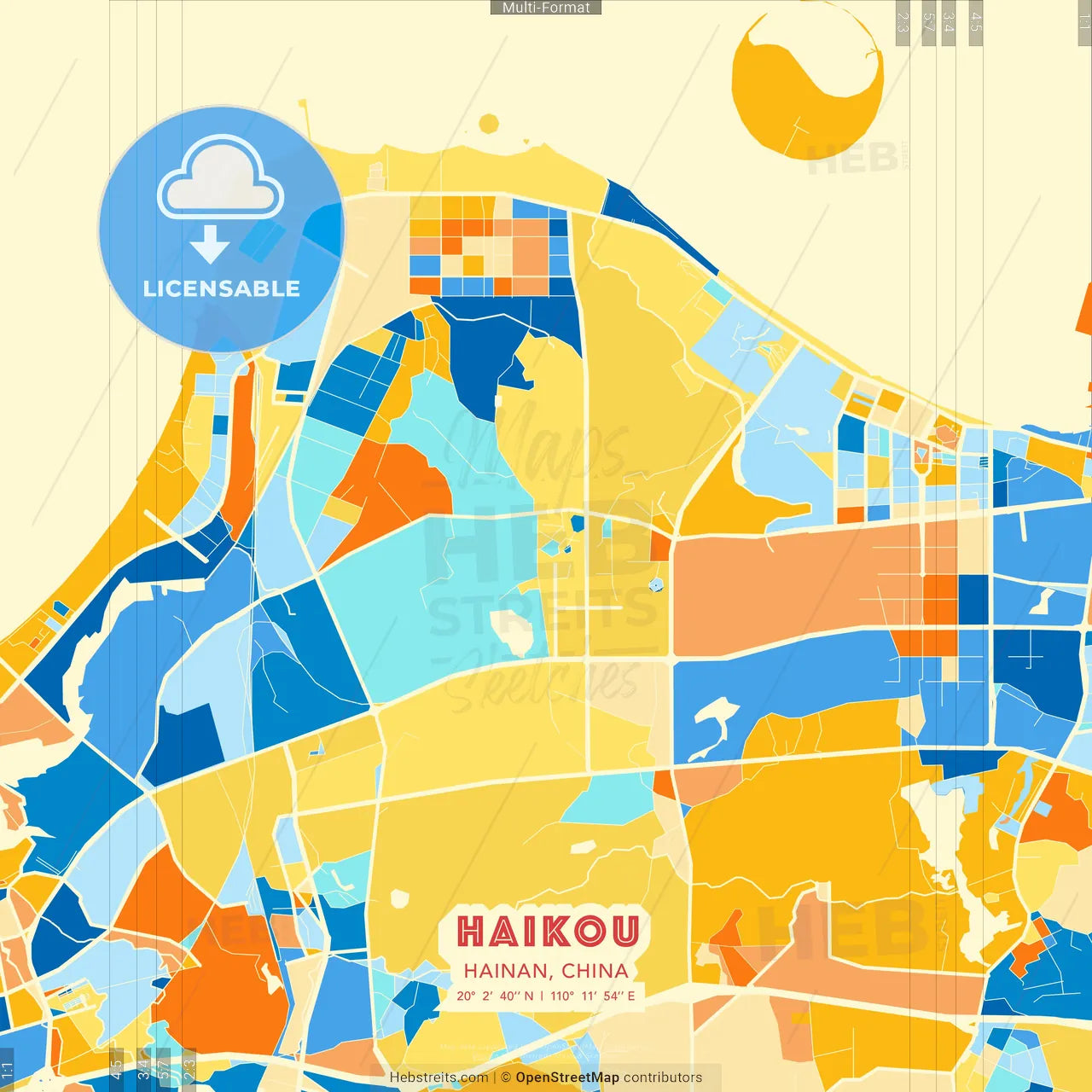 Haikou, Hainan, China blue and orange vector art map template
