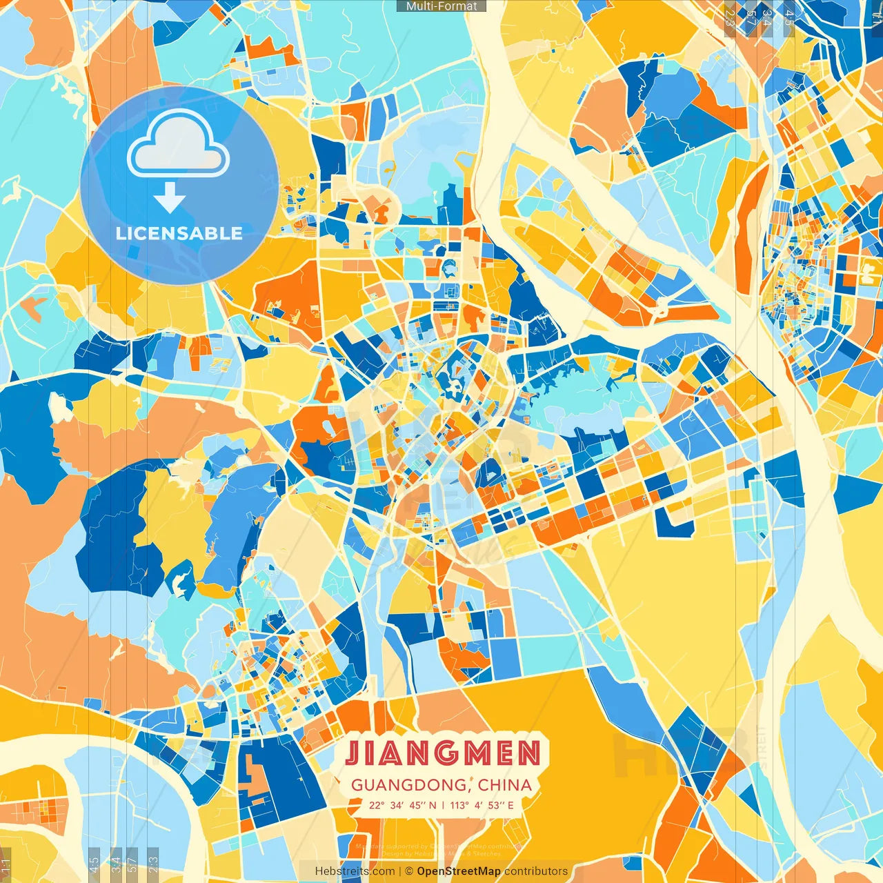 Jiangmen, Guangdong, China blue and orange vector art map template