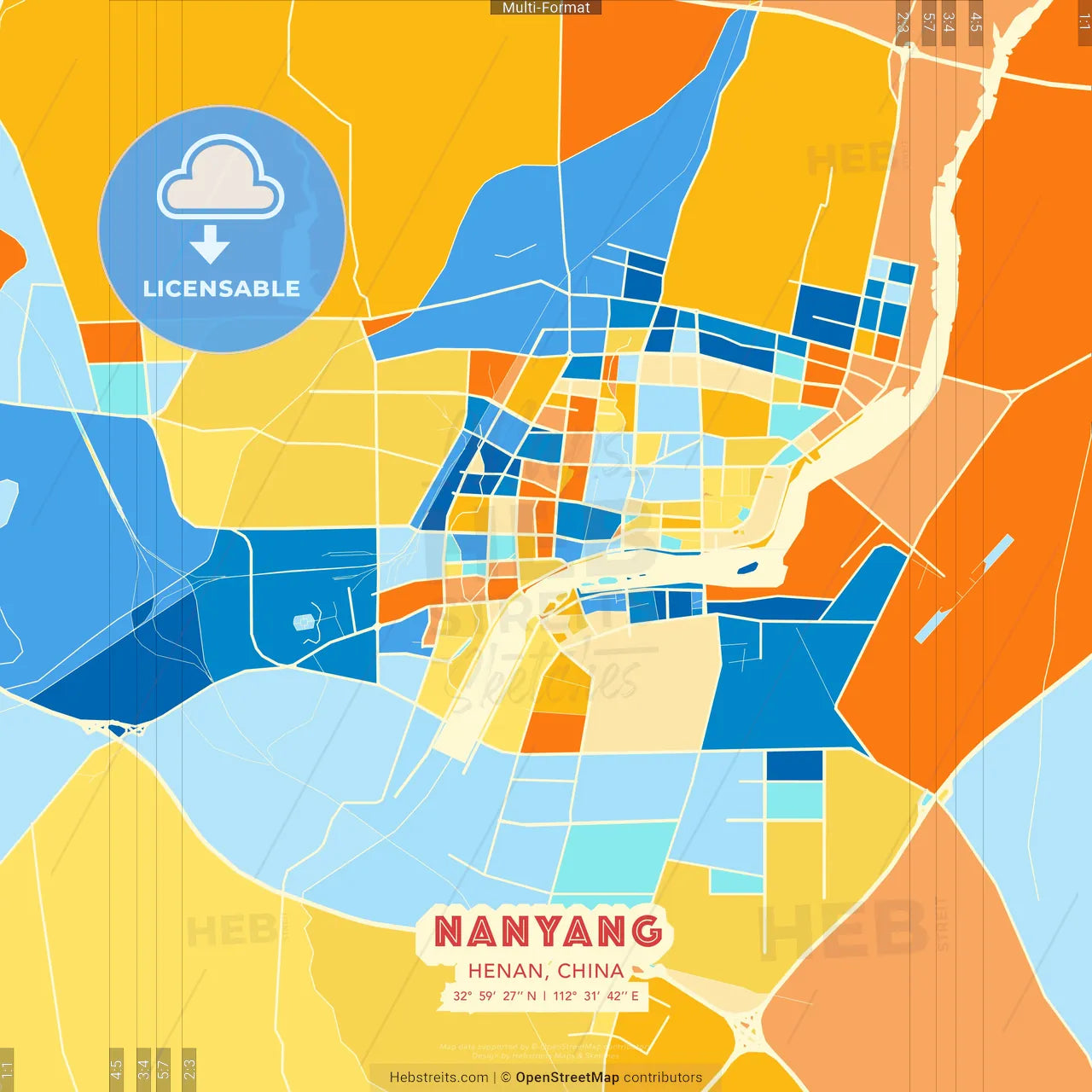 Nanyang, Henan, China blue and orange vector art map template