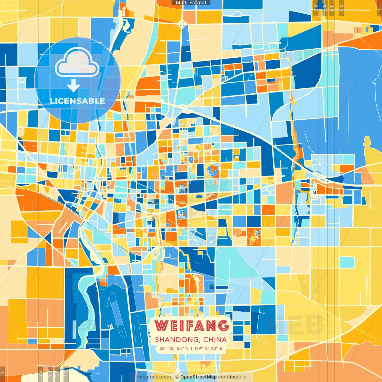 Weifang, Shandong, China blue and orange vector art map template