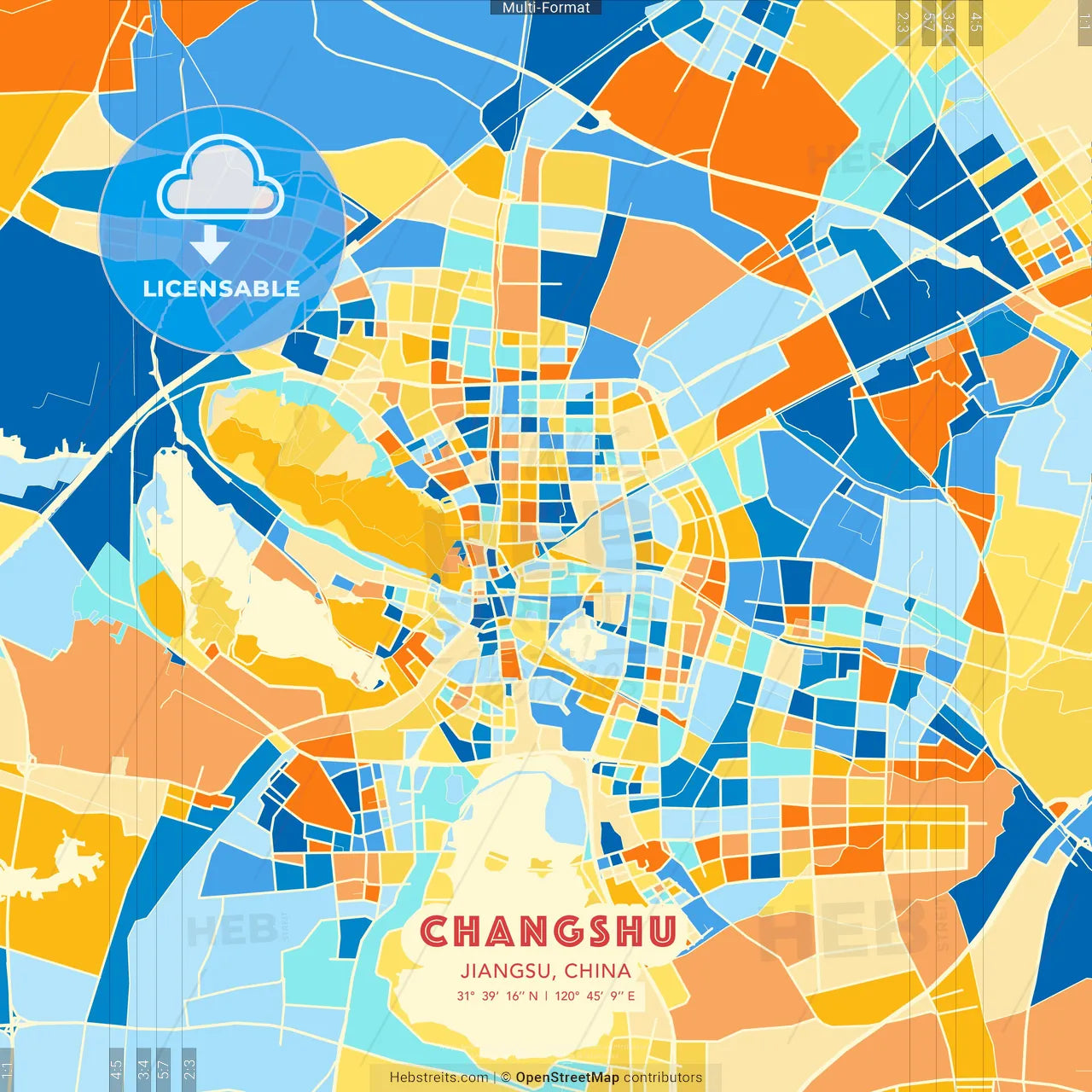 Changshu, Jiangsu, China blue and orange vector art map template