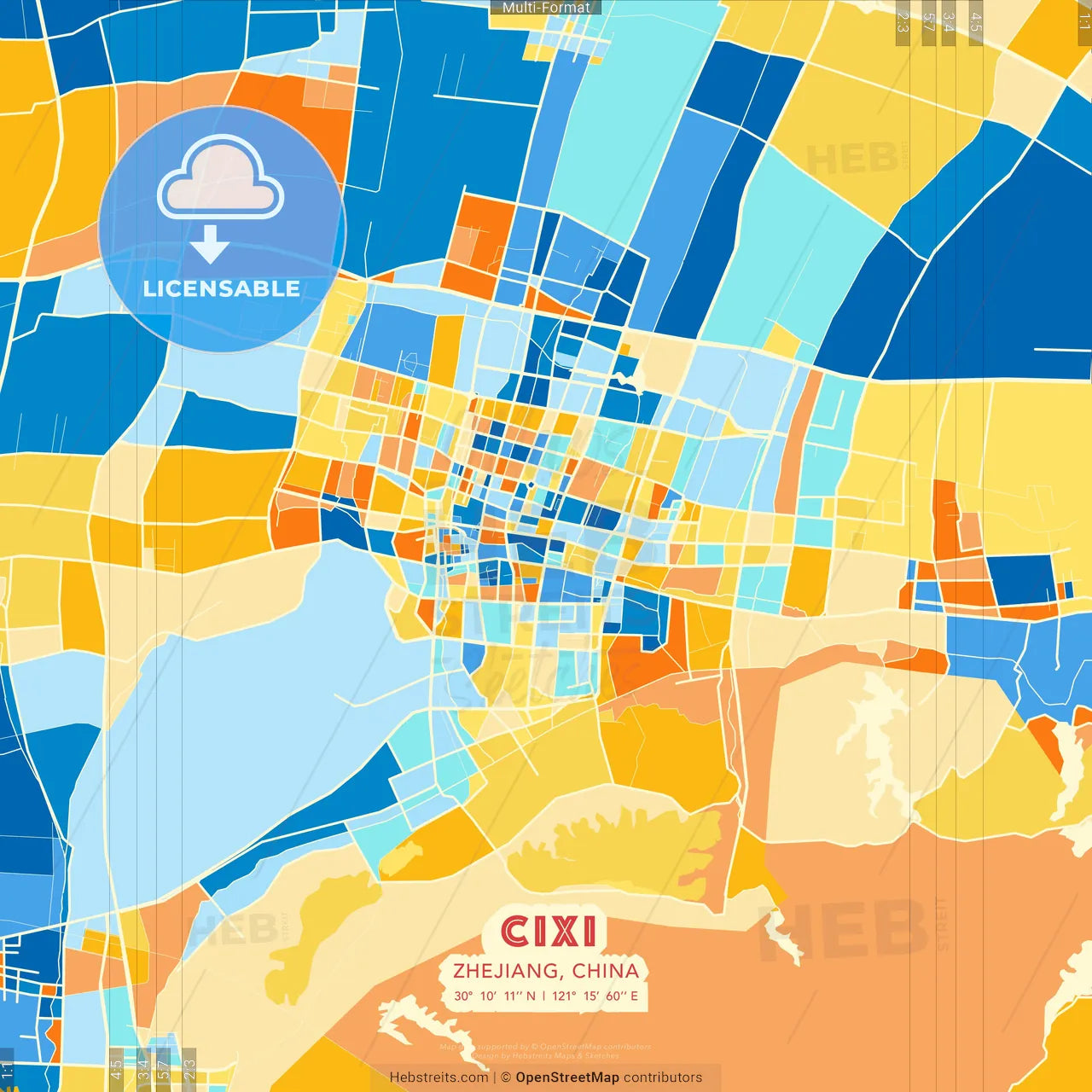 Cixi, Zhejiang, China blue and orange vector art map template