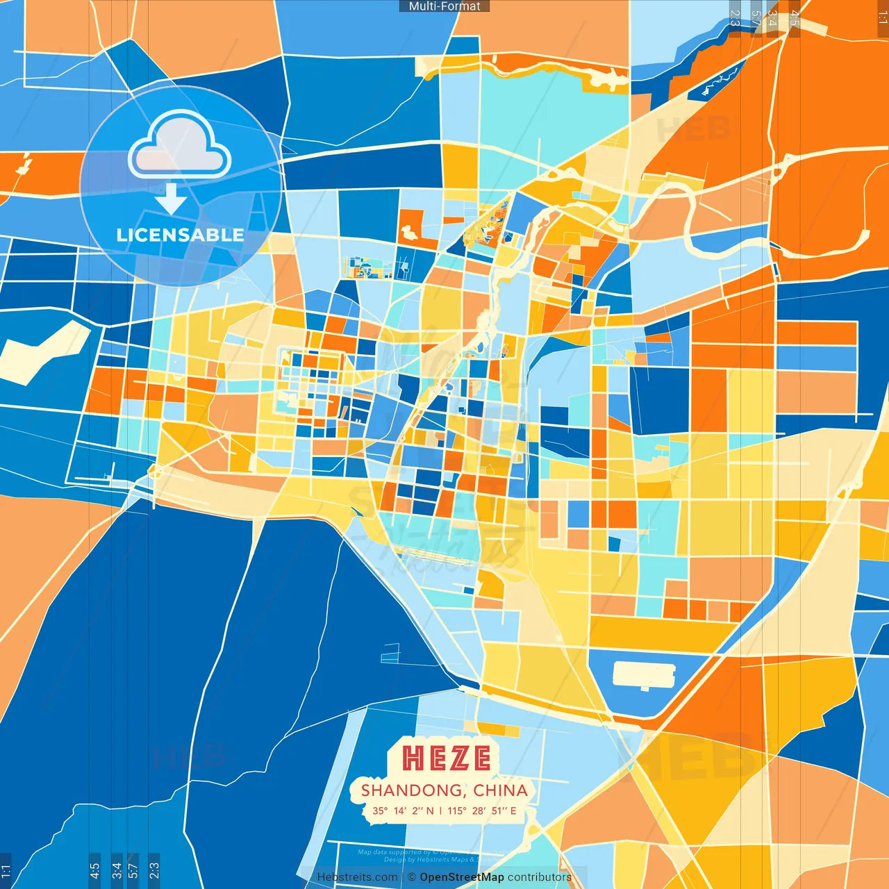 Heze, Shandong, China blue and orange vector art map template