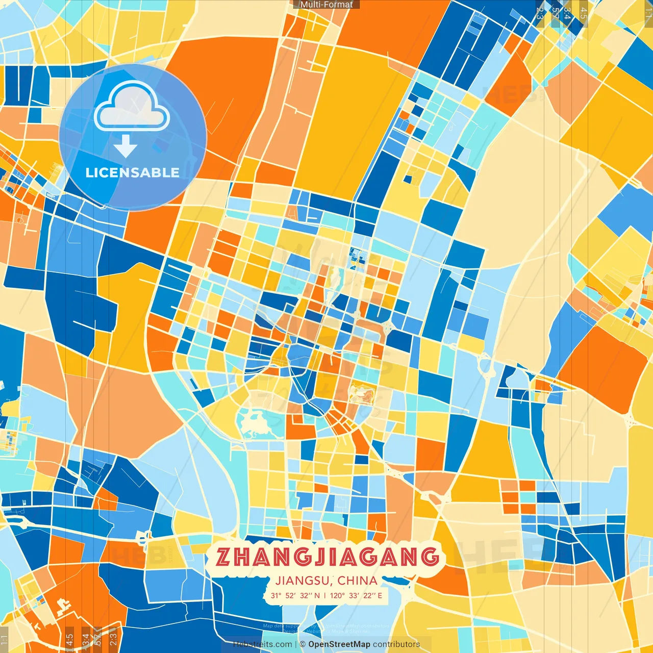 Zhangjiagang, Jiangsu, China blue and orange vector art map template