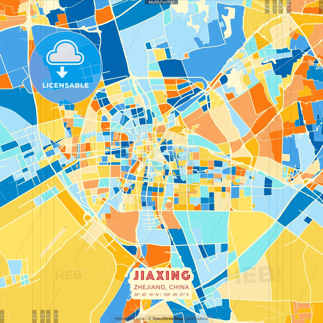 Jiaxing, Zhejiang, China blue and orange vector art map template