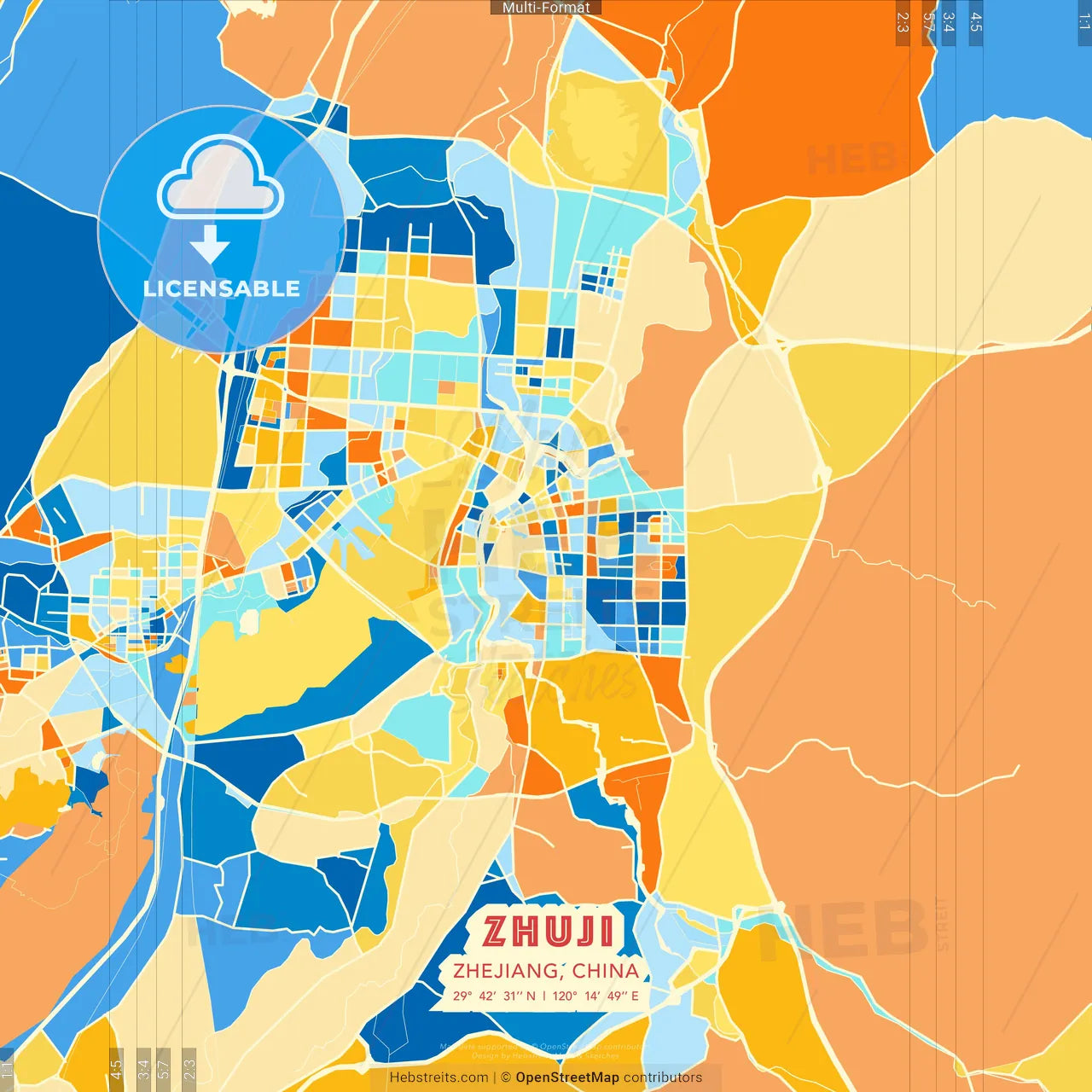 Zhuji, Zhejiang, China blue and orange vector art map template