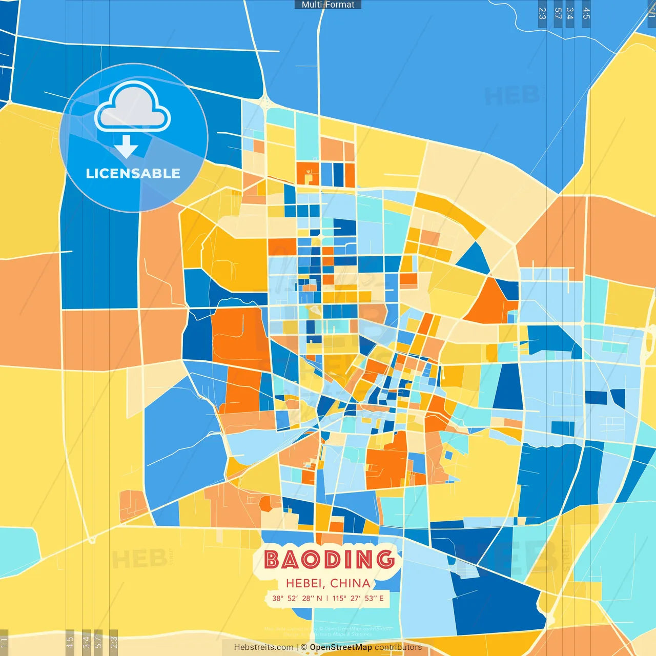Baoding, Hebei, China blue and orange vector art map template