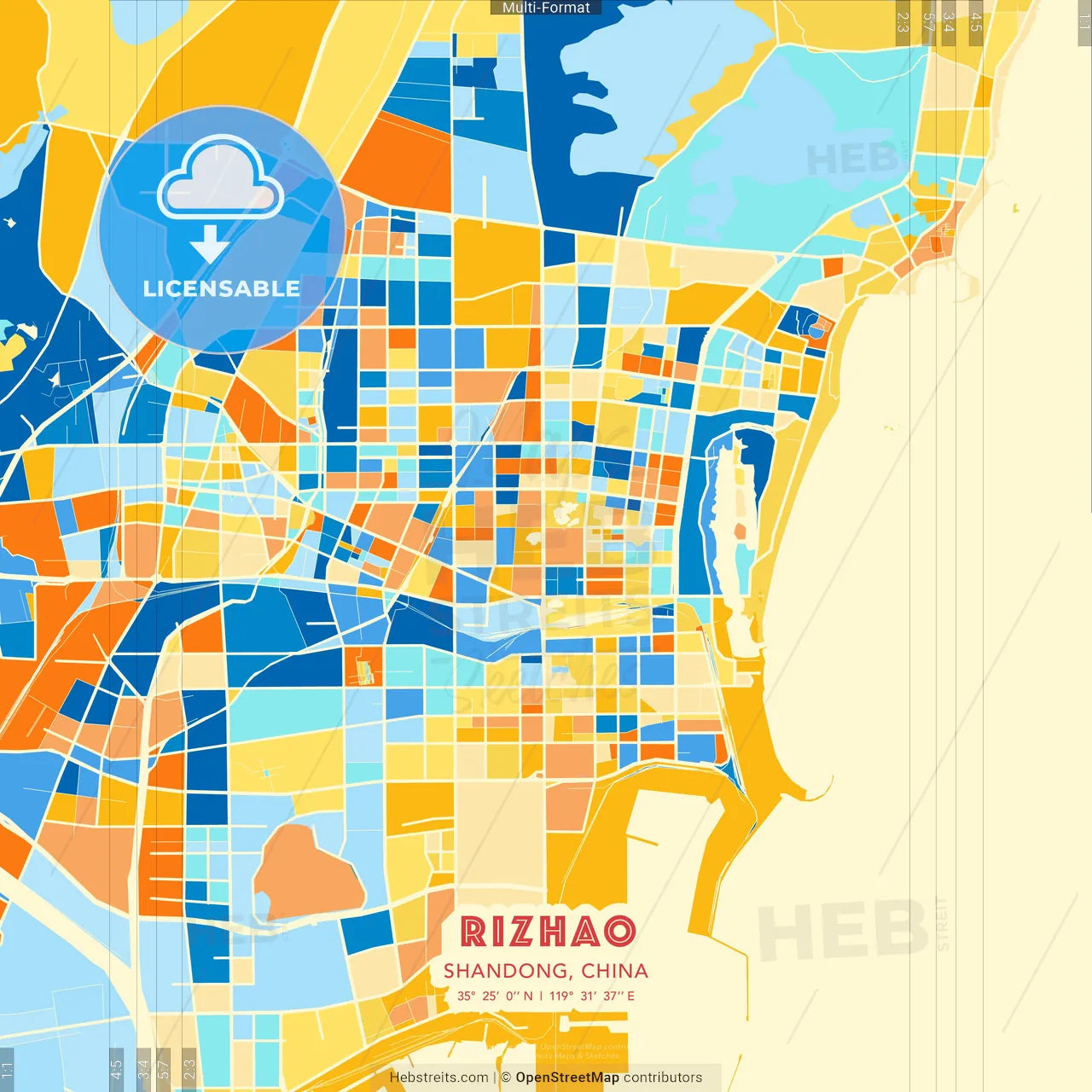 Rizhao, Shandong, China blue and orange vector art map template