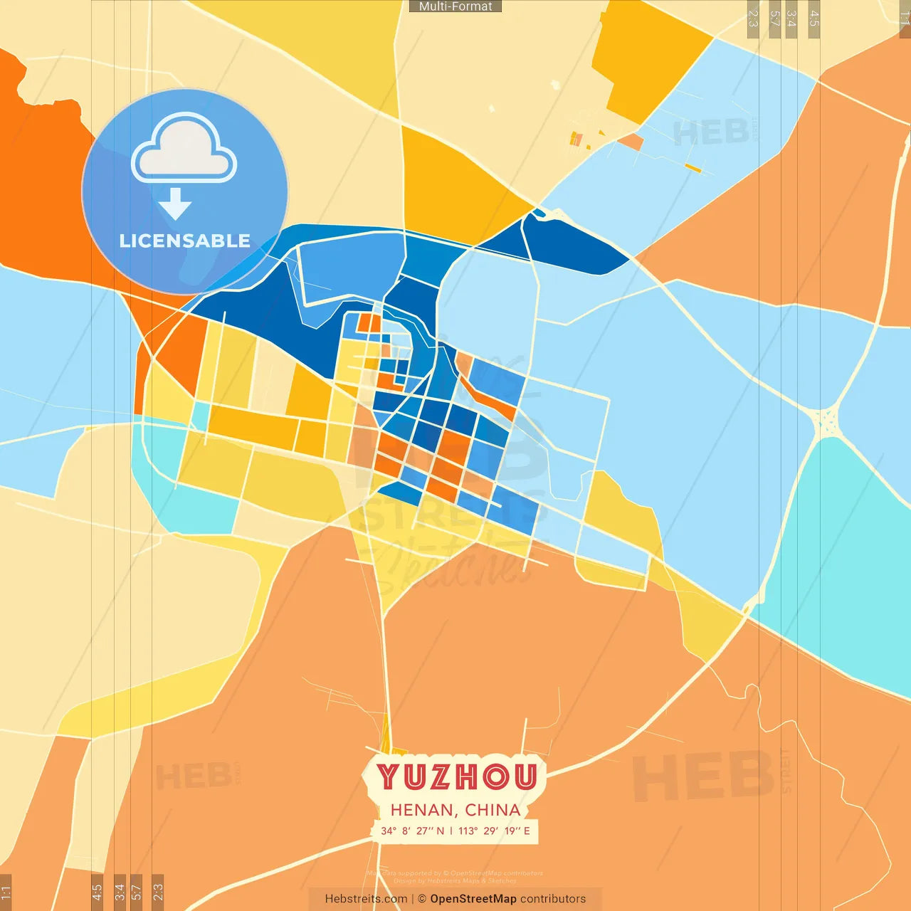 Yuzhou, Henan, China blue and orange vector art map template