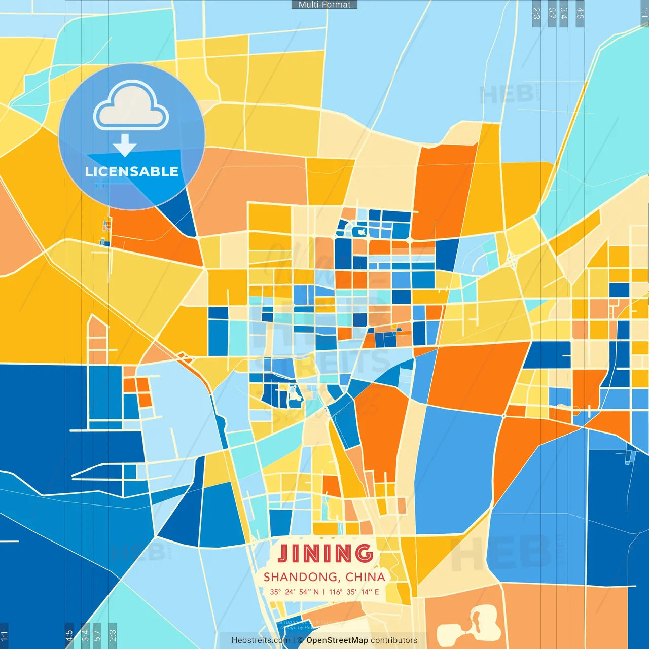 Jining, Shandong, China blue and orange vector art map template