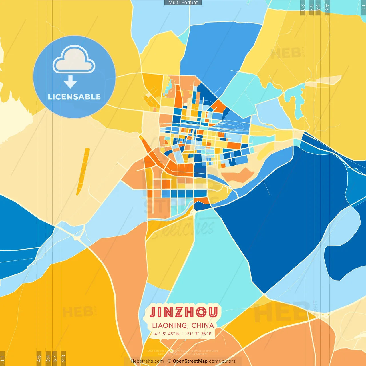 Jinzhou, Liaoning, China blue and orange vector art map template