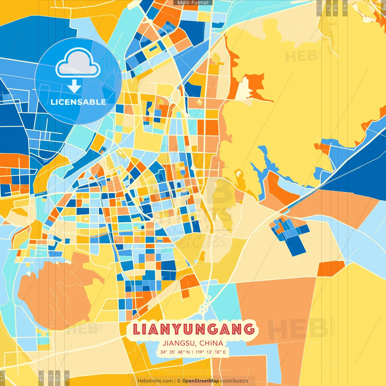 Lianyungang, Jiangsu, China blue and orange vector art map template