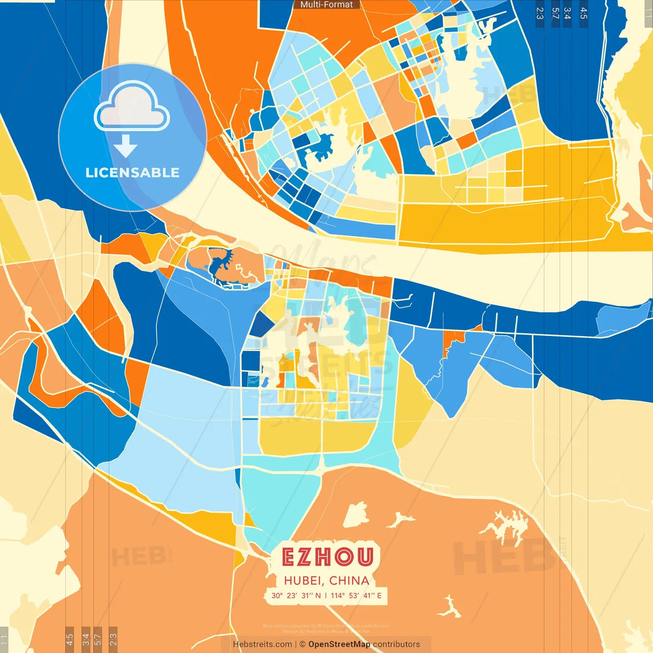 Ezhou, Hubei, China blue and orange vector art map template