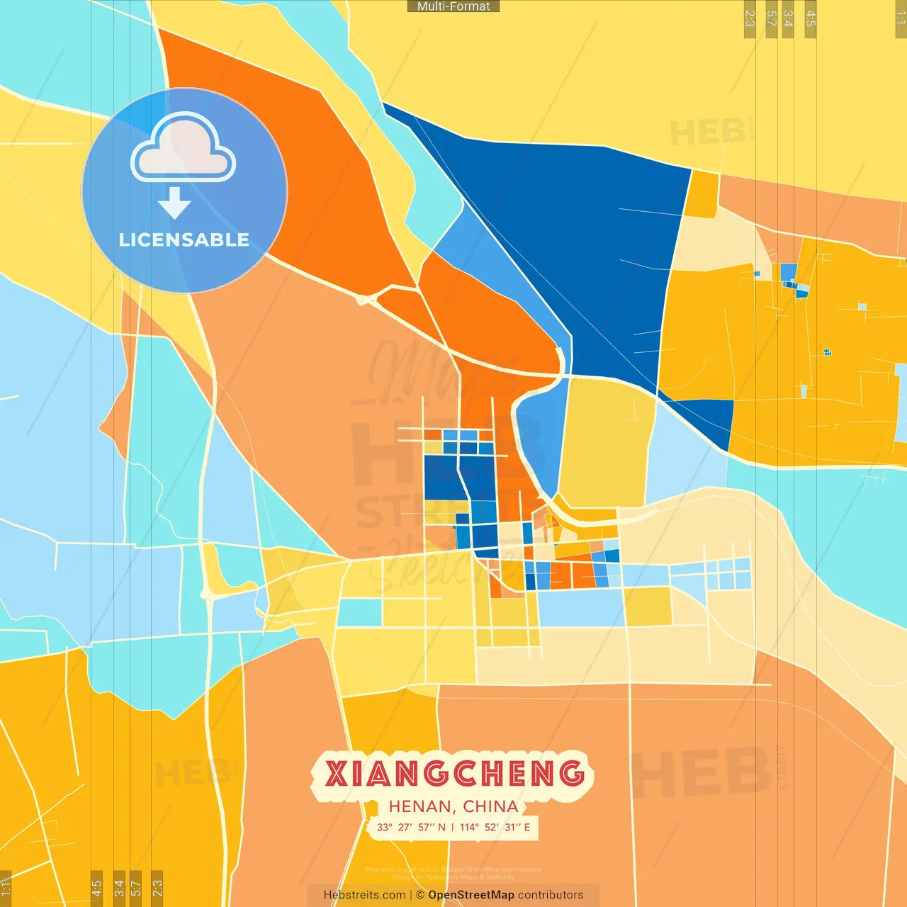 Xiangcheng, Henan, China blue and orange vector art map template