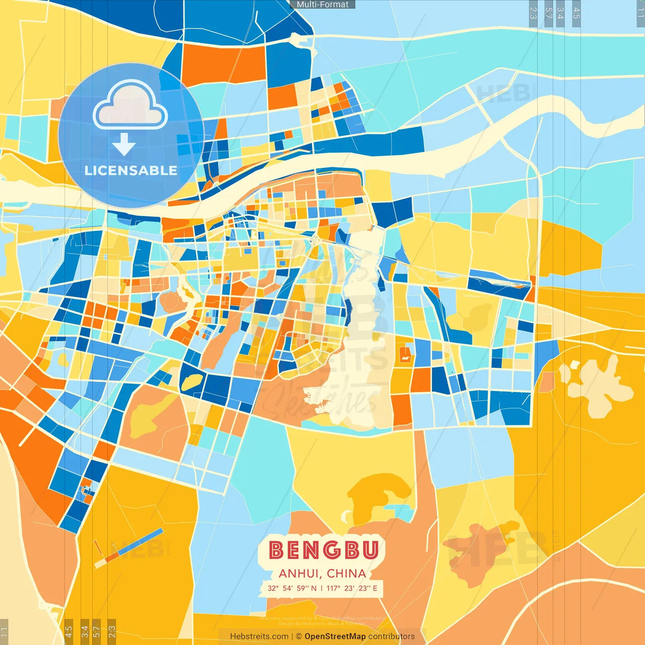 Bengbu, Anhui, China blue and orange vector art map template