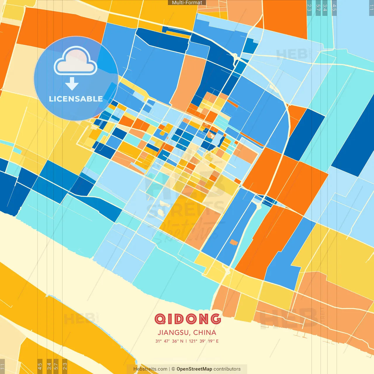 Qidong, Jiangsu, China blue and orange vector art map template