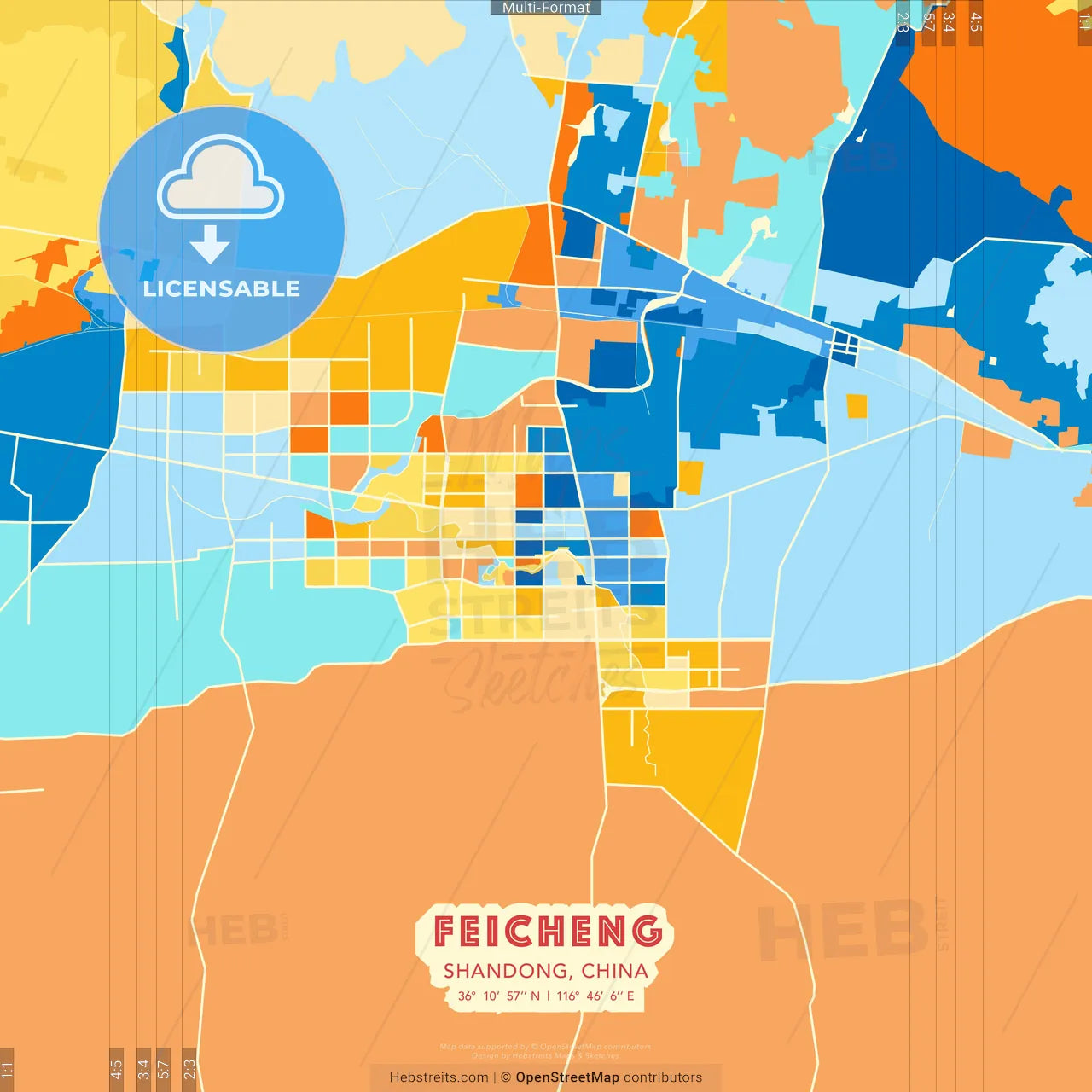 Feicheng, Shandong, China blue and orange vector art map template