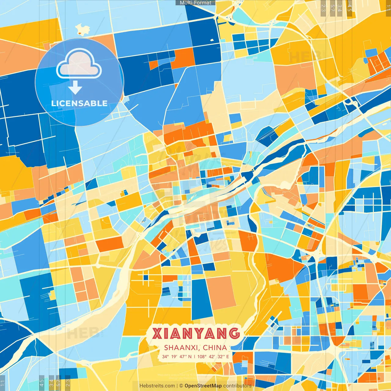 Xianyang, Shaanxi, China blue and orange vector art map template