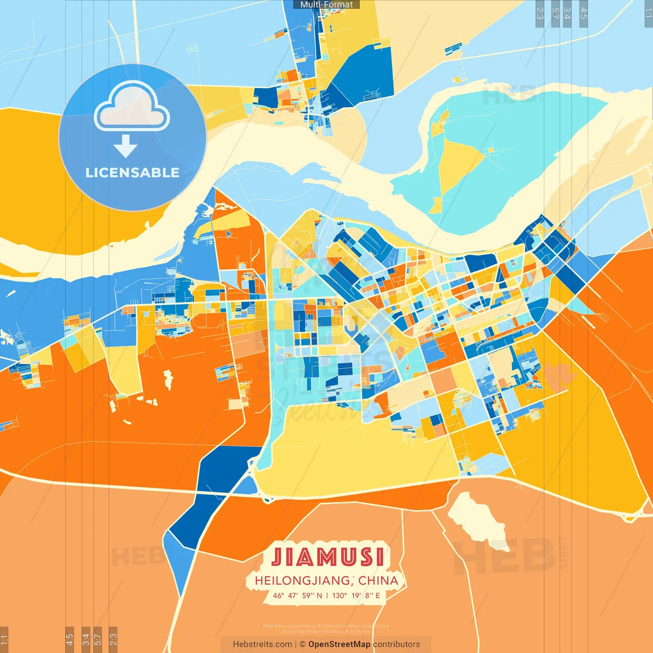 Jiamusi, Heilongjiang, China blue and orange vector art map template