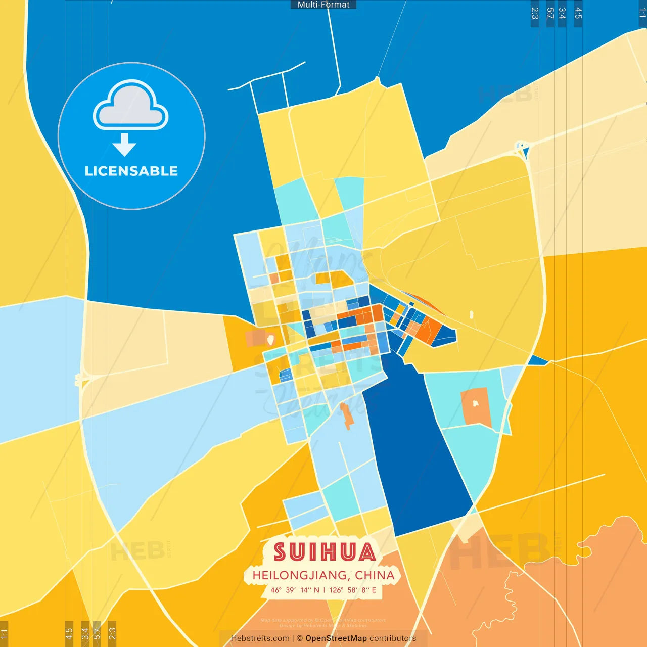 Suihua, Heilongjiang, China blue and orange vector art map template