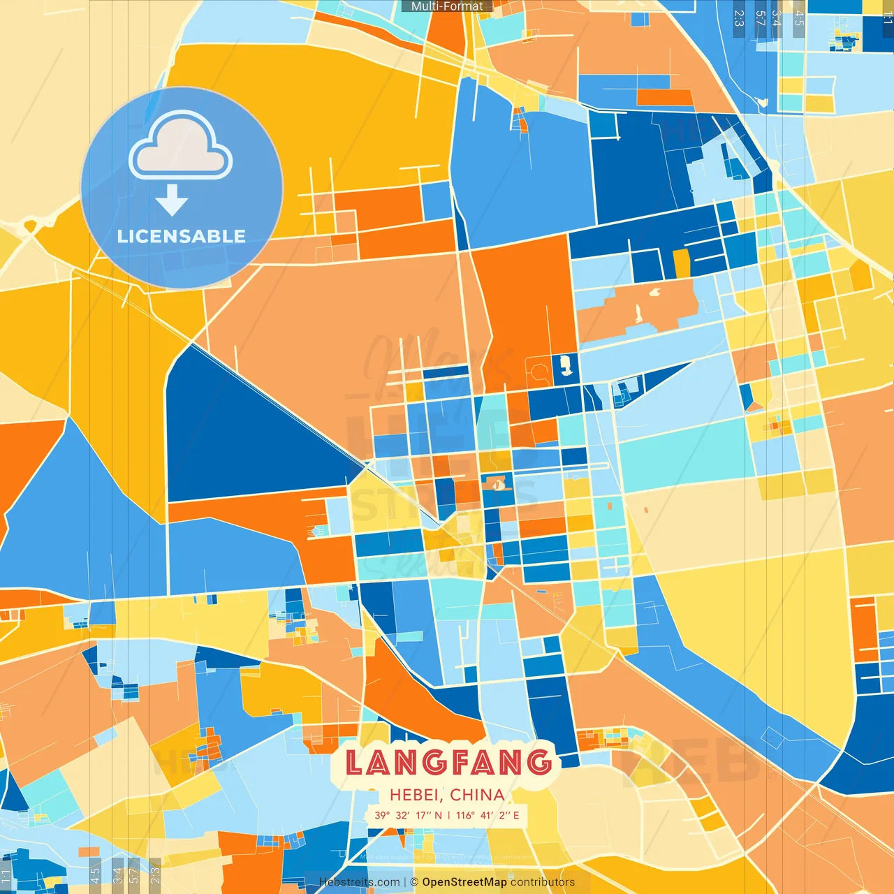 Langfang, Hebei, China blue and orange vector art map template