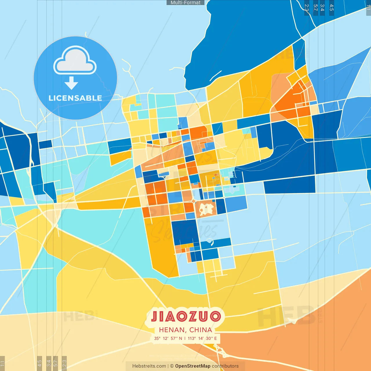 Jiaozuo, Henan, China blue and orange vector art map template