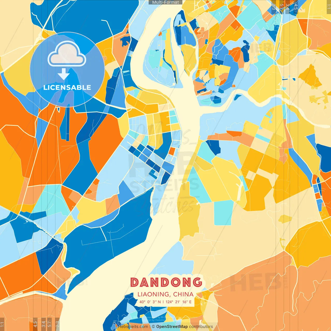Dandong, Liaoning, China blue and orange vector art map template