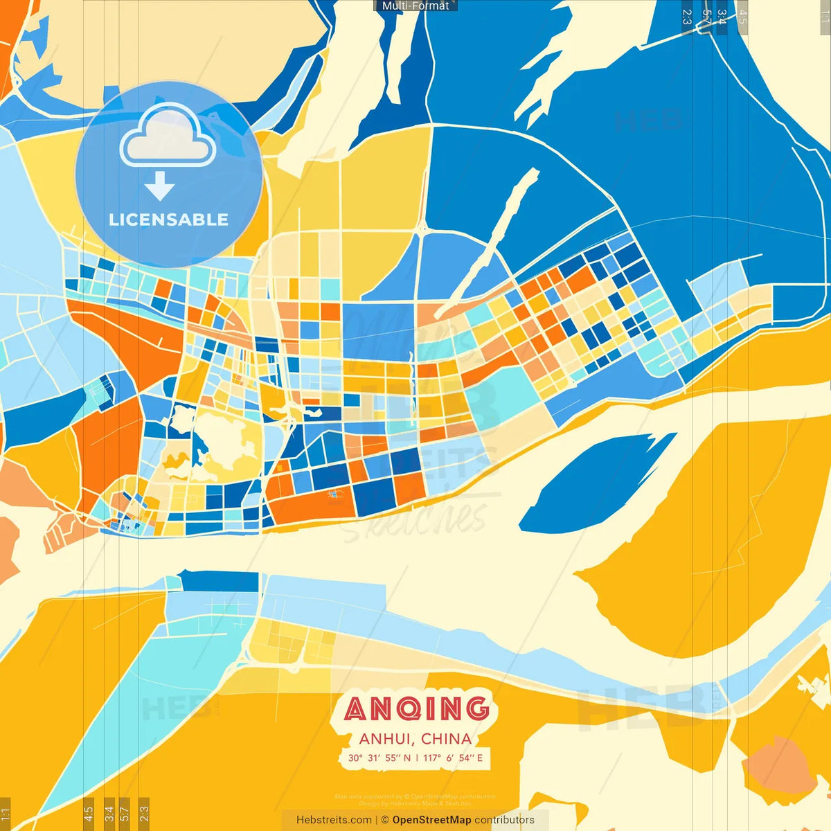 Anqing, Anhui, China blue and orange vector art map template