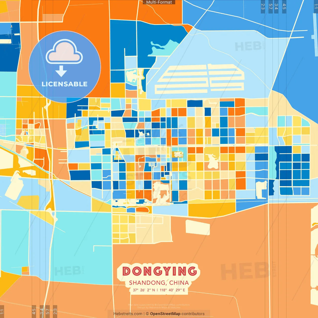 Dongying, Shandong, China blue and orange vector art map template