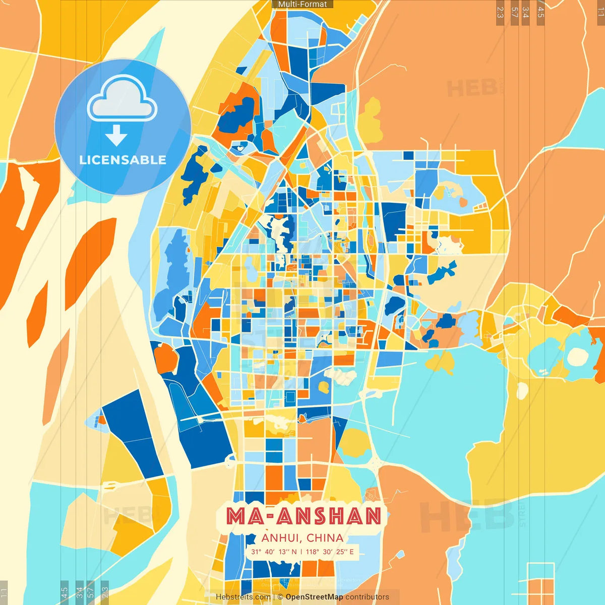Ma-anshan, Anhui, China blue and orange vector art map template