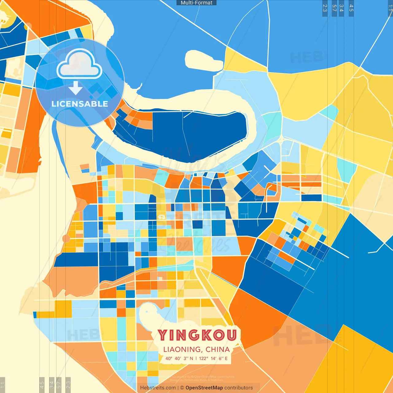 Yingkou, Liaoning, China blue and orange vector art map template