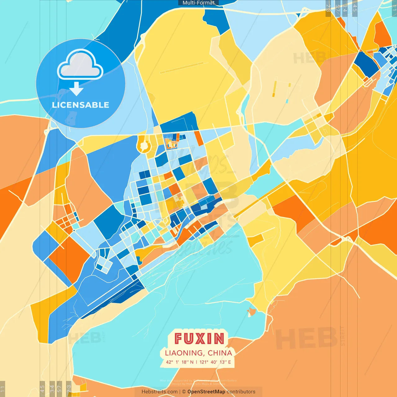 Fuxin, Liaoning, China blue and orange vector art map template