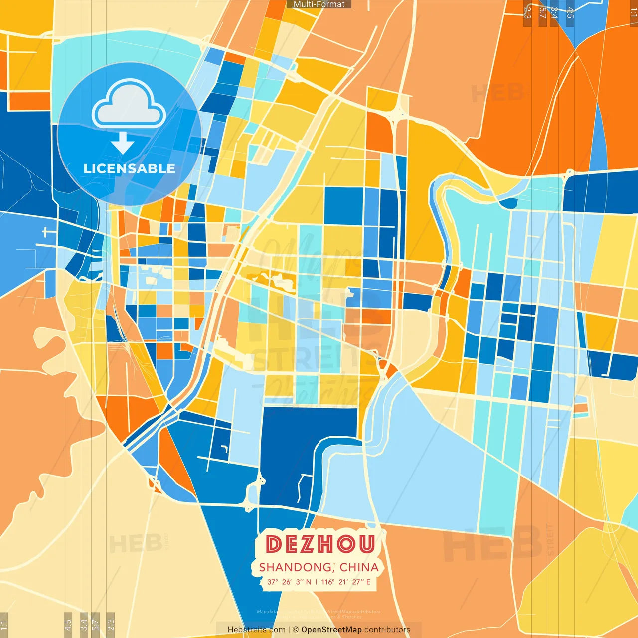 Dezhou, Shandong, China blue and orange vector art map template