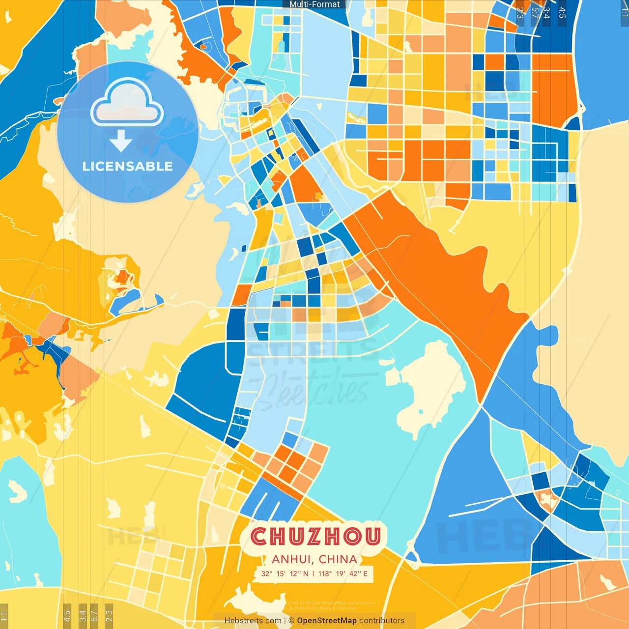 Chuzhou, Anhui, China blue and orange vector art map template