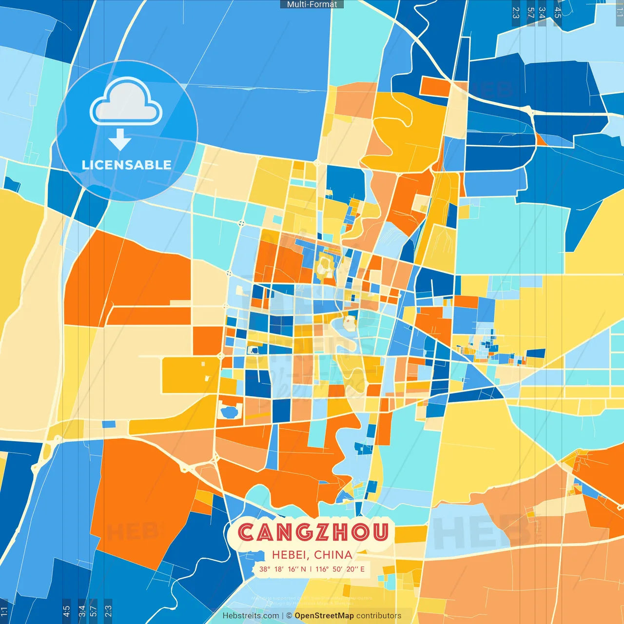 Cangzhou, Hebei, China blue and orange vector art map template