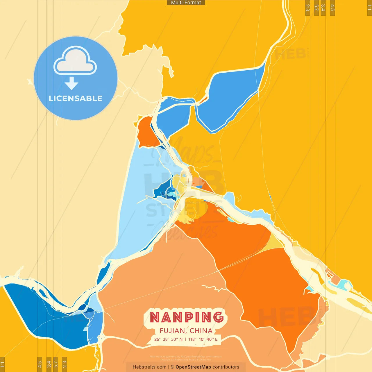Nanping, Fujian, China blue and orange vector art map template
