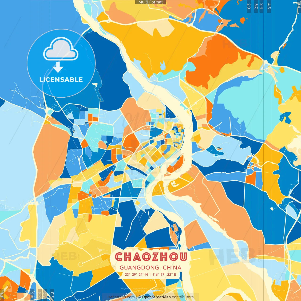 Chaozhou, Guangdong, China blue and orange vector art map template