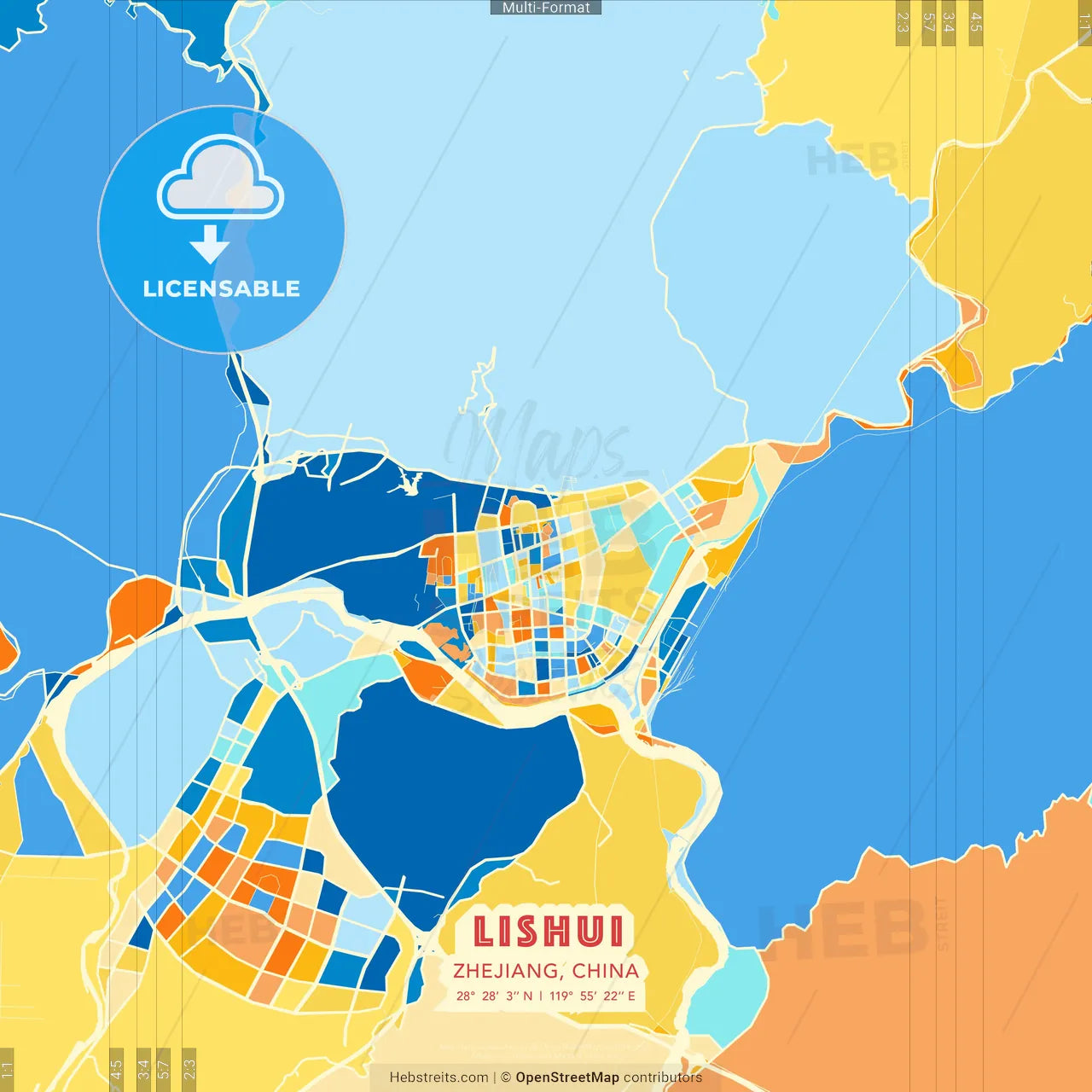 Lishui, Zhejiang, China blue and orange vector art map template