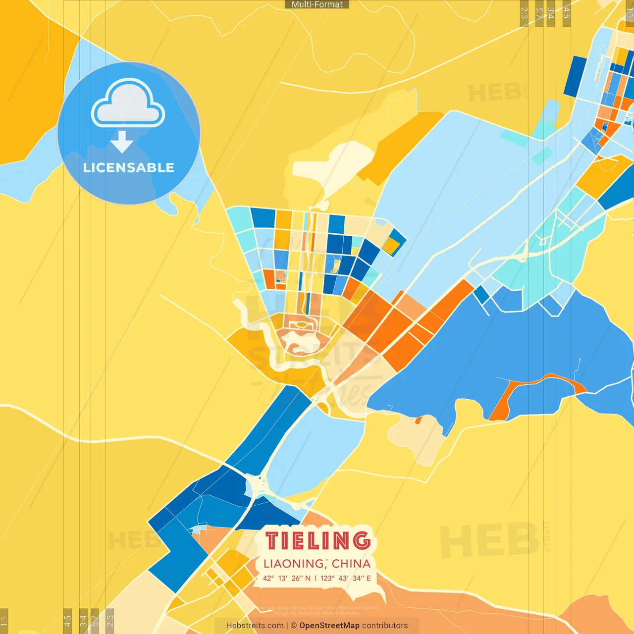Tieling, Liaoning, China blue and orange vector art map template