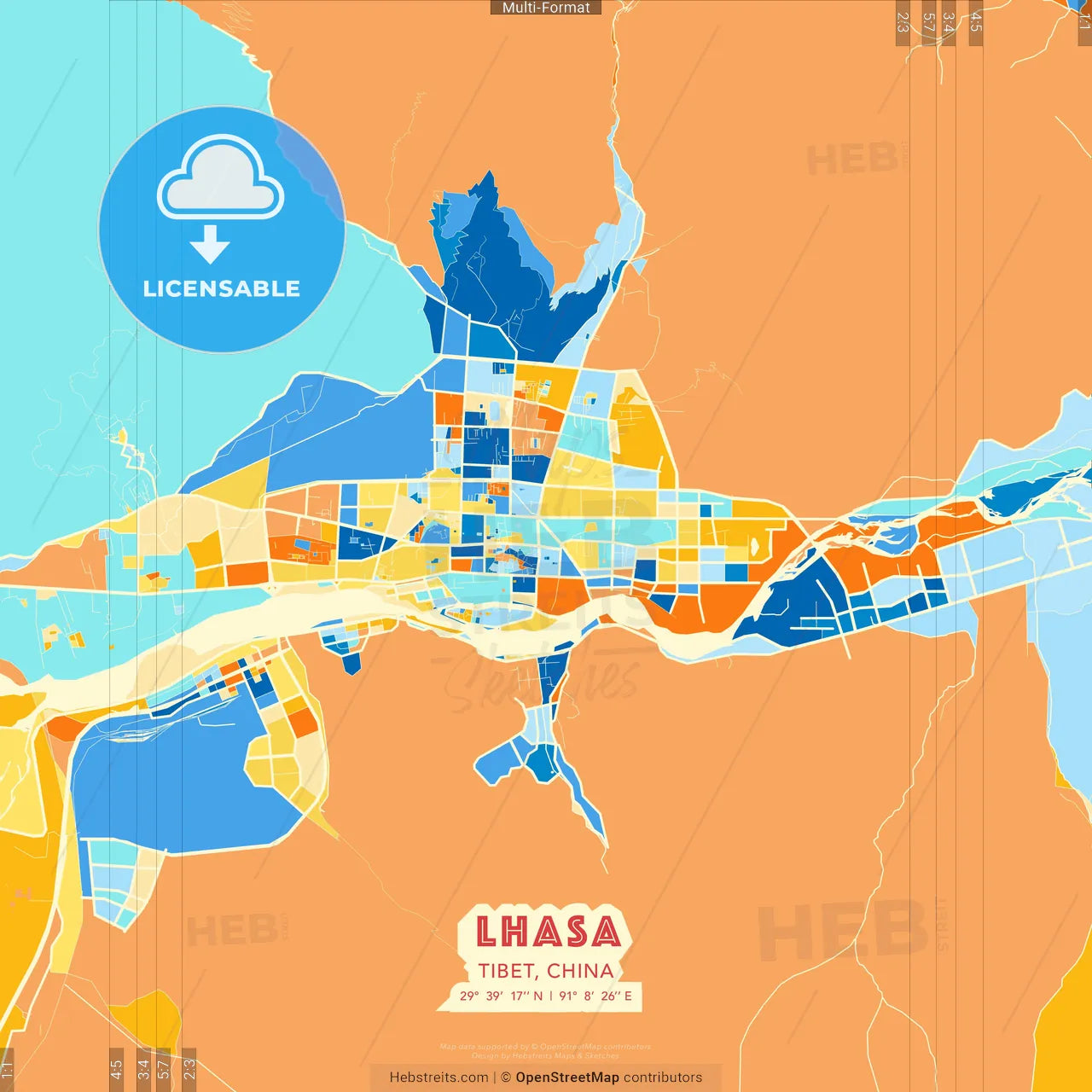 Lhasa, Tibet, China blue and orange vector art map template