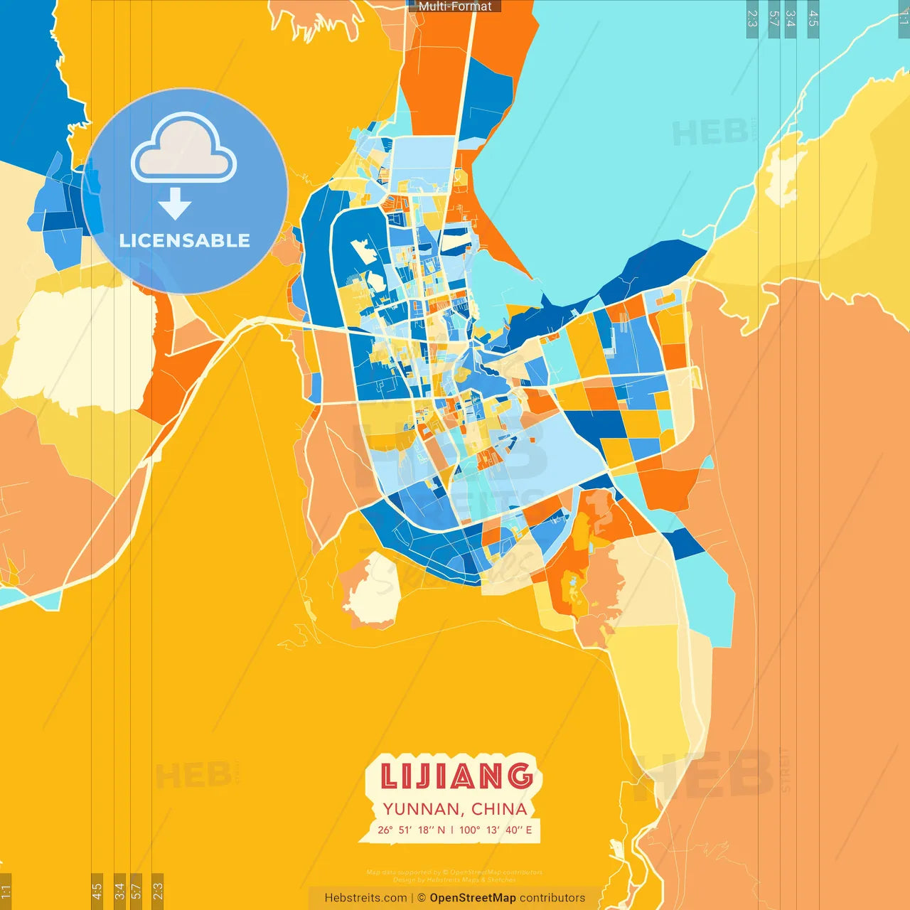 Lijiang, Yunnan, China blue and orange vector art map template