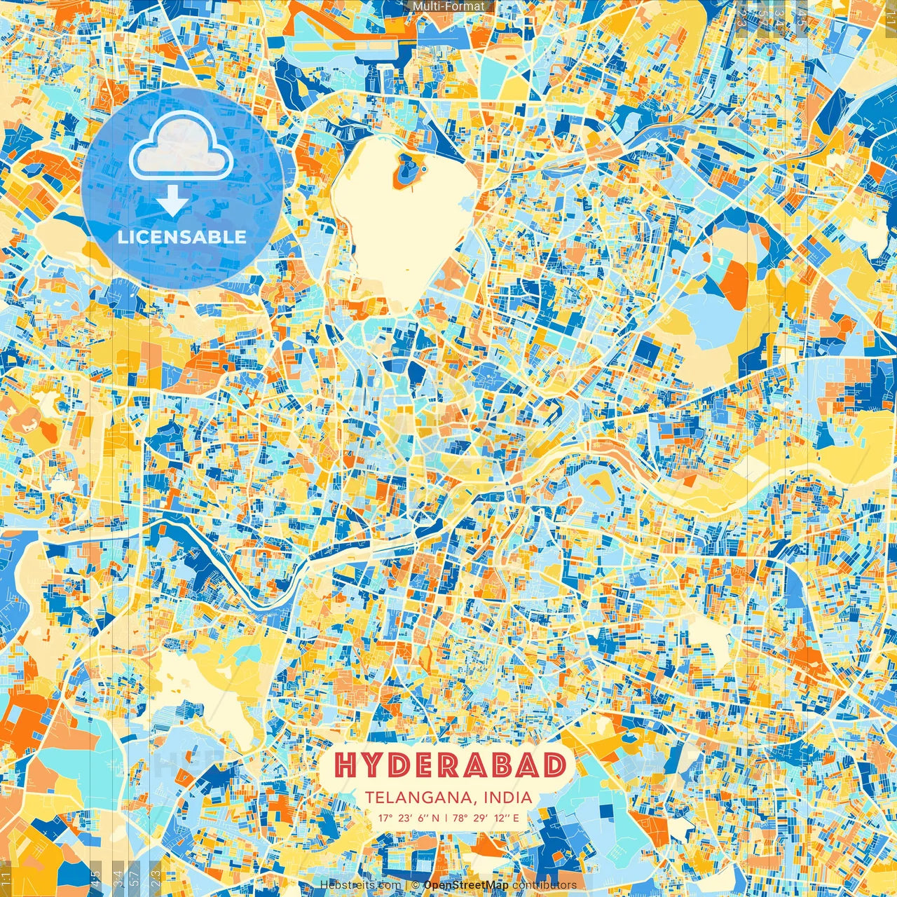 Hyderabad, Telangana, India blue and orange vector art map template