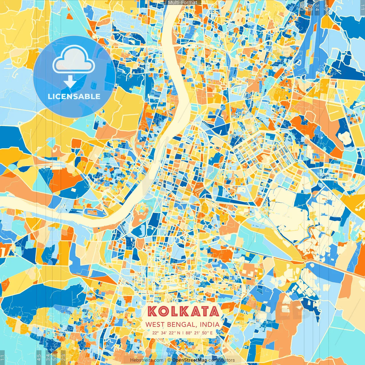 Kolkata, West Bengal, India blue and orange vector art map template