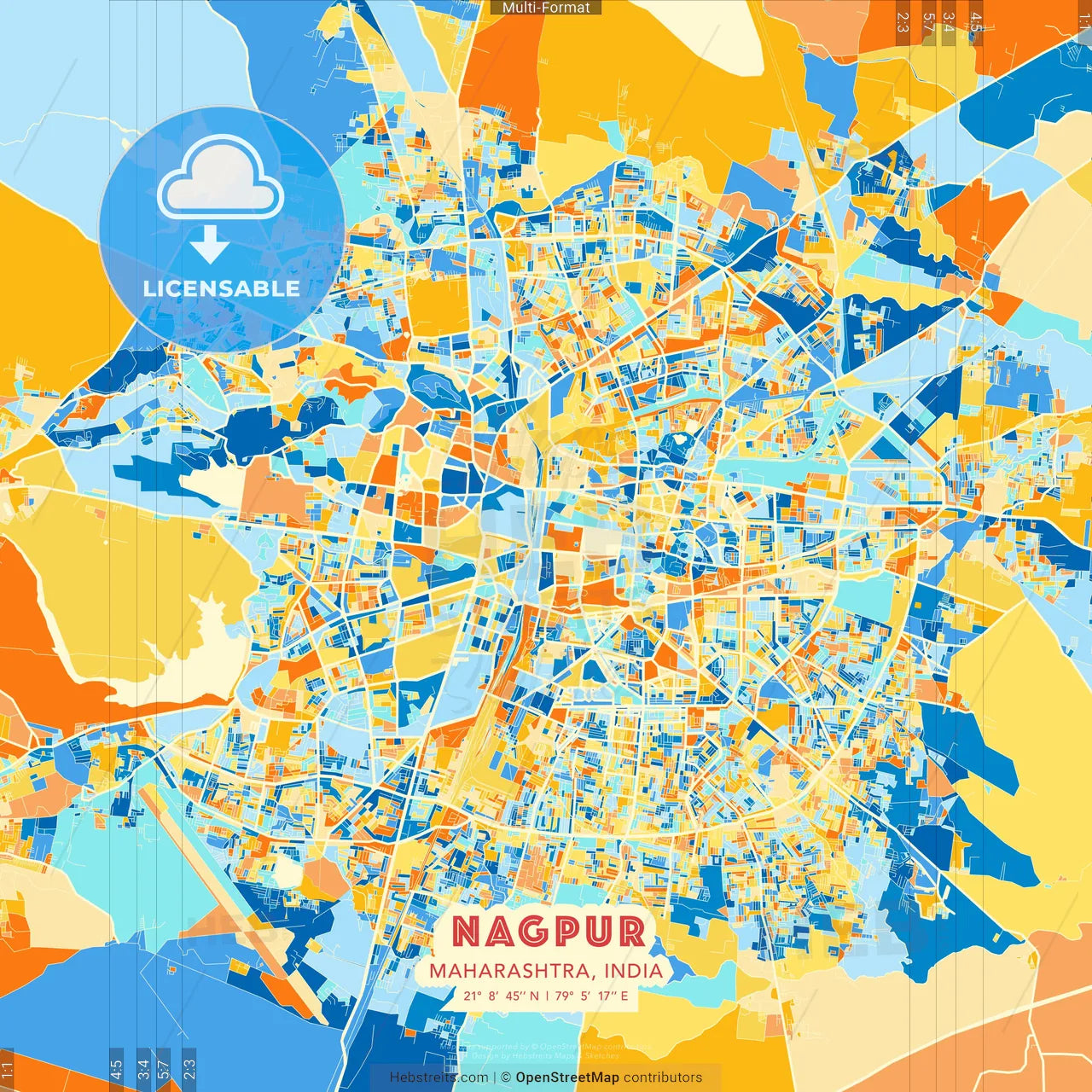 Nagpur, Maharashtra, India blue and orange vector art map template