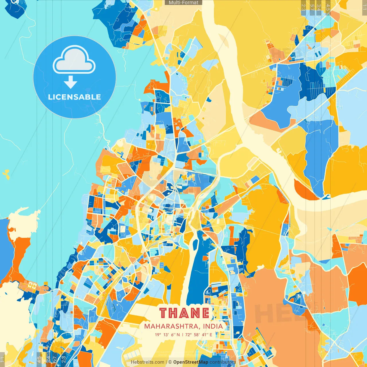 Thane, Maharashtra, India blue and orange vector art map template