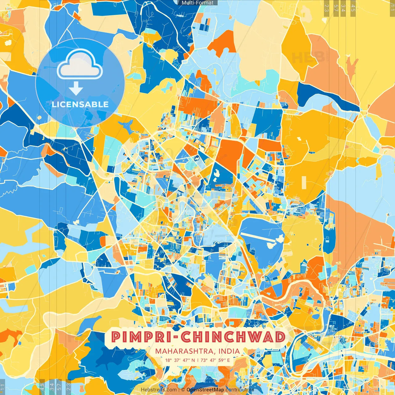 Pimpri-Chinchwad, Maharashtra, India blue and orange vector art map template