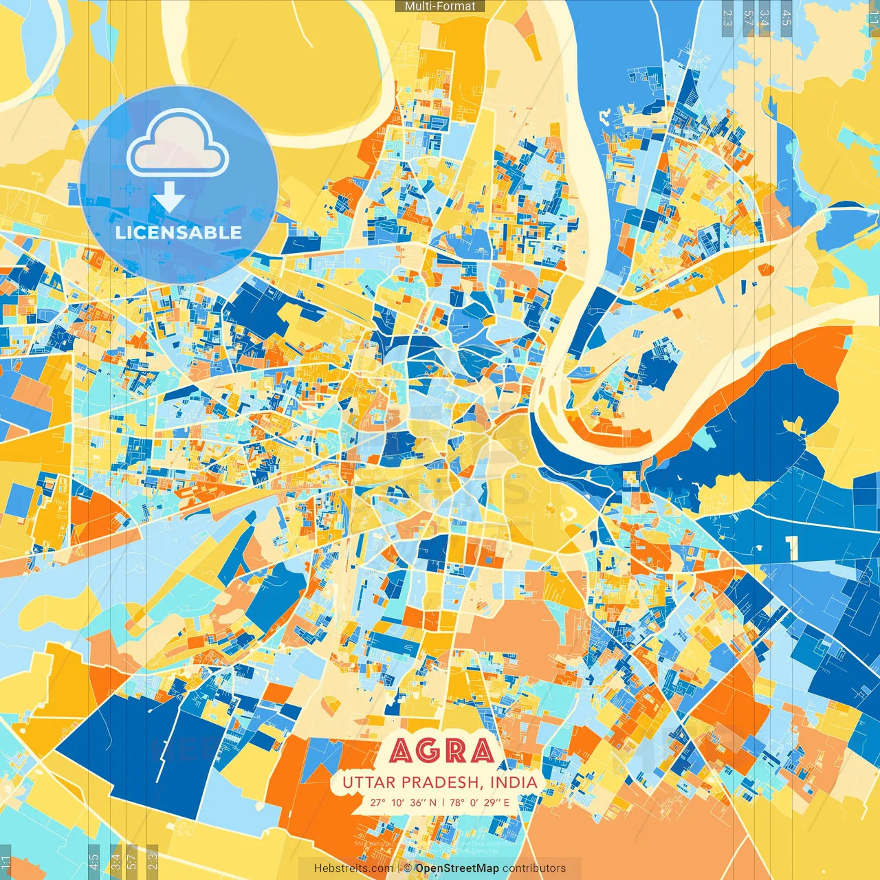 Agra, Uttar Pradesh, India blue and orange vector art map template